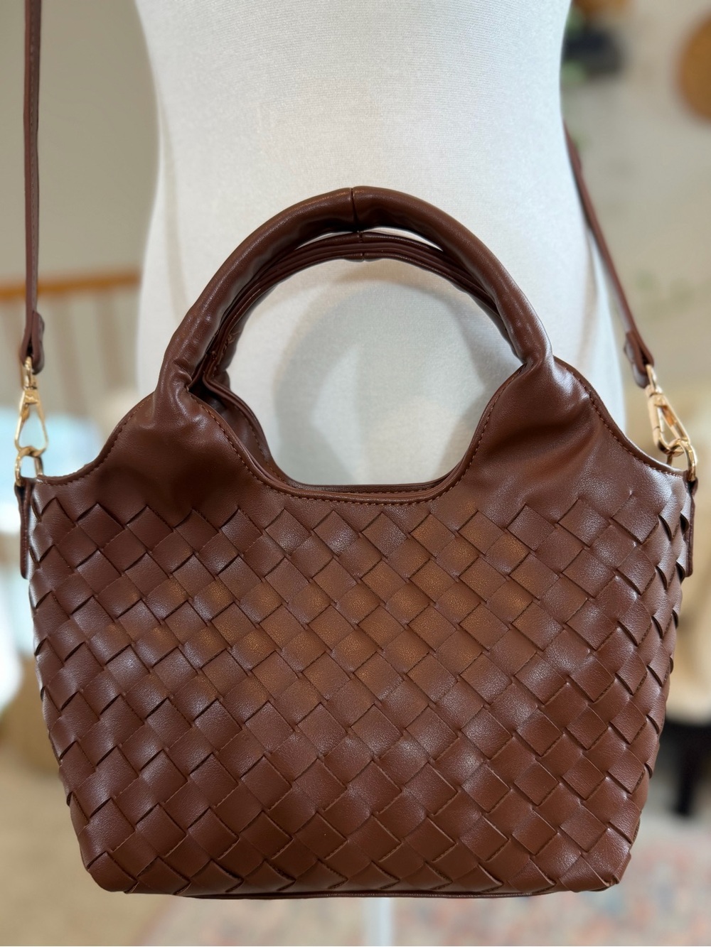 Woven Boho Bag Brown Vegan Leather Crossbody Top Handle Shoulder Handbag Purse